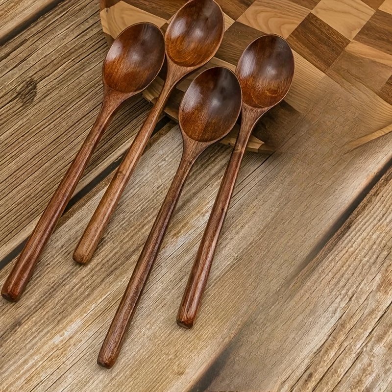 Set of 4 Wooden Soup Spoons, Multifunctional 23.5 Cm Long-Handled Wooden Spoons - Reusable Wooden Cutlery for Stirring, Long Soup Spoons, Suitable for Afternoon Tea, Home, Restaurants, Travel, And Dinner Parties. - Image 3
