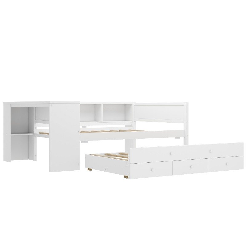 Full Size Daybed with Trundle, Wood Day Bed Frame with Storage Drawers And Side Shelves, Daybed with Desk, No Spring Box Needed, White - Image 4