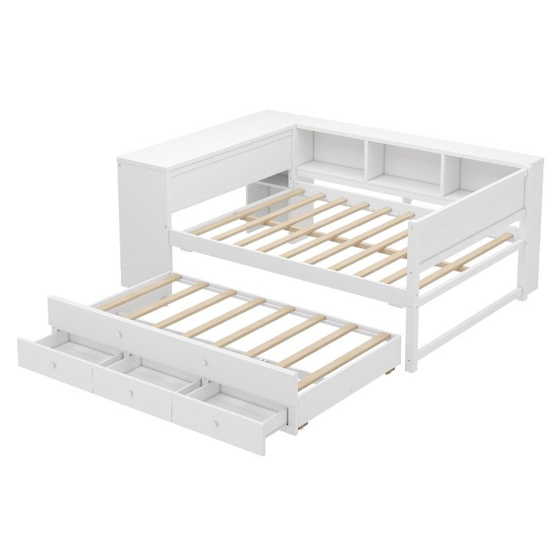 Full Size Daybed with Trundle, Wood Day Bed Frame with Storage Drawers And Side Shelves, Daybed with Desk, No Spring Box Needed, White - Image 5