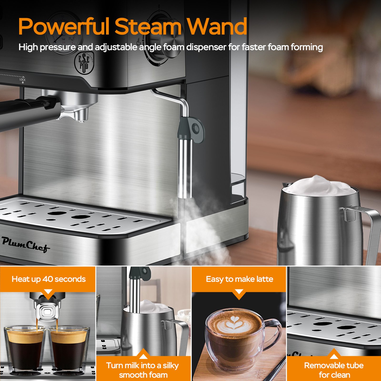 Plum Chef Espresso Machine, Made of Stainless Steel, Features a Dual-Brew Coffee System with a 54.1oz Water Reservoir, Includes Safety Mechanisms And Overpressure Protection, Perfect for Everyday Use at for Home - Image 9