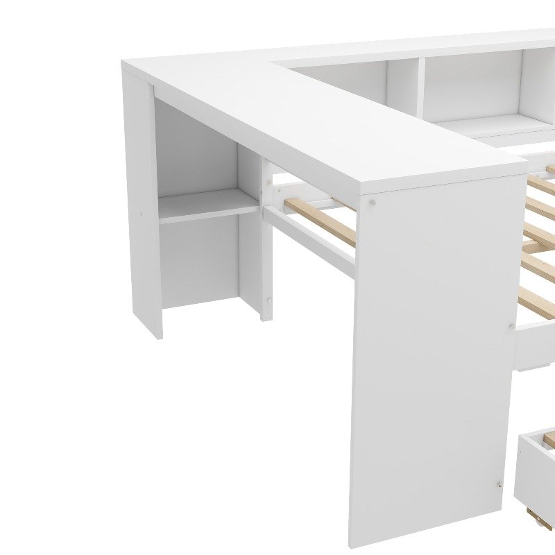Full Size Daybed with Trundle, Wood Day Bed Frame with Storage Drawers And Side Shelves, Daybed with Desk, No Spring Box Needed, White - Image 3