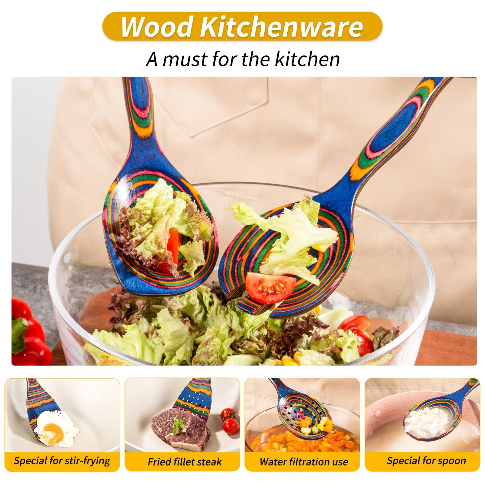 7pcs Pakkawood Blue Wooden Cooking Utensil & Spoon Set - Non-Stick Wood Kitchen Tools with Spatula, Slotted & Solid Spoons Suitable for /Outdoor Use, Holiday Gift (Christmas, Mother' Day) - Image 8