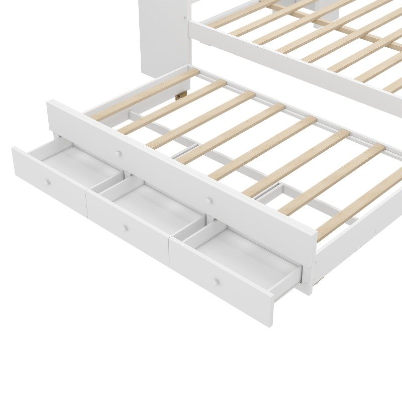 Full Size Daybed with Trundle, Wood Day Bed Frame with Storage Drawers And Side Shelves, Daybed with Desk, No Spring Box Needed, White - Image 10