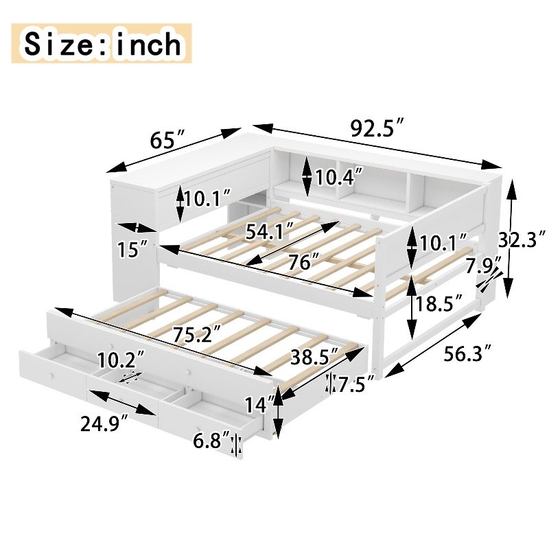 Full Size Daybed with Trundle, Wood Day Bed Frame with Storage Drawers And Side Shelves, Daybed with Desk, No Spring Box Needed, White - Image 8