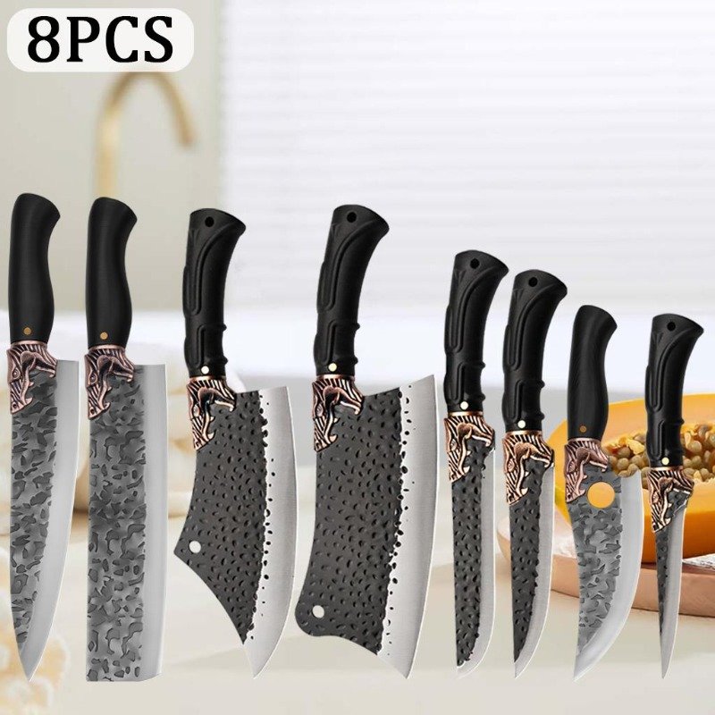 8pcs Stainless Steel Handmade Forged Chef Knife Professional Kitchen Multipurpose Knife Utility Knife Boning Knife Fish Knife Unique Knives Cutting Knife Vegetable Chopper for Kitchen Convenience Gifts for Men - Image 6