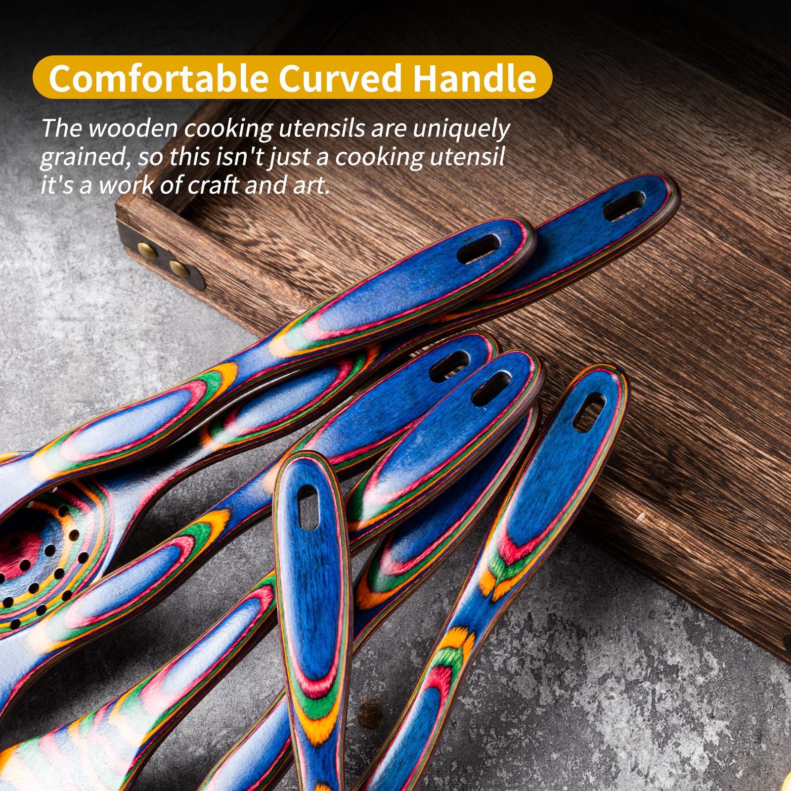 7pcs Pakkawood Blue Wooden Cooking Utensil & Spoon Set - Non-Stick Wood Kitchen Tools with Spatula, Slotted & Solid Spoons Suitable for /Outdoor Use, Holiday Gift (Christmas, Mother' Day) - Image 2