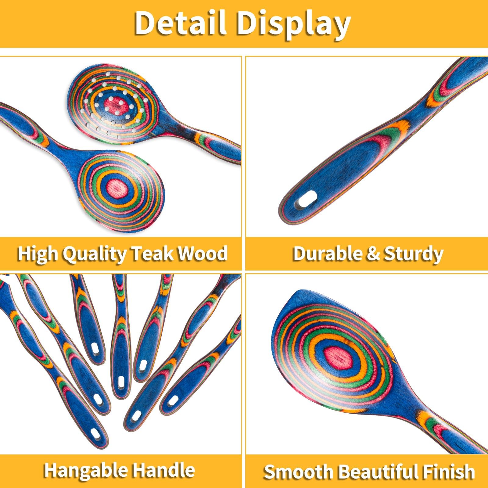 7pcs Pakkawood Blue Wooden Cooking Utensil & Spoon Set - Non-Stick Wood Kitchen Tools with Spatula, Slotted & Solid Spoons Suitable for /Outdoor Use, Holiday Gift (Christmas, Mother' Day) - Image 7