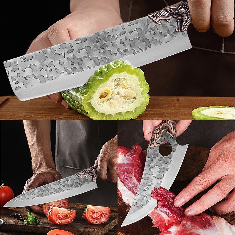 8pcs Stainless Steel Handmade Forged Chef Knife Professional Kitchen Multipurpose Knife Utility Knife Boning Knife Fish Knife Unique Knives Cutting Knife Vegetable Chopper for Kitchen Convenience Gifts for Men - Image 7