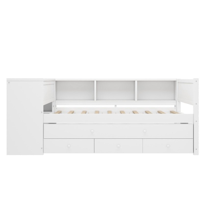 Full Size Daybed with Trundle, Wood Day Bed Frame with Storage Drawers And Side Shelves, Daybed with Desk, No Spring Box Needed, White - Image 11