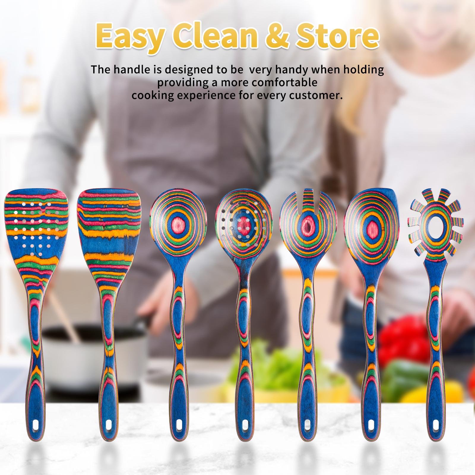 7pcs Pakkawood Blue Wooden Cooking Utensil & Spoon Set - Non-Stick Wood Kitchen Tools with Spatula, Slotted & Solid Spoons Suitable for /Outdoor Use, Holiday Gift (Christmas, Mother' Day) - Image 4